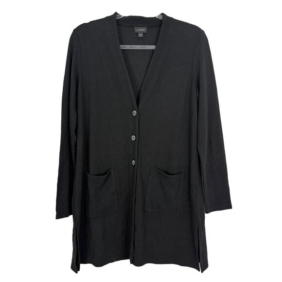J.JILL Wearever Collection Ribbed Long Cardigan S Petite Pockets Black EUC B9 - Picture 1 of 5